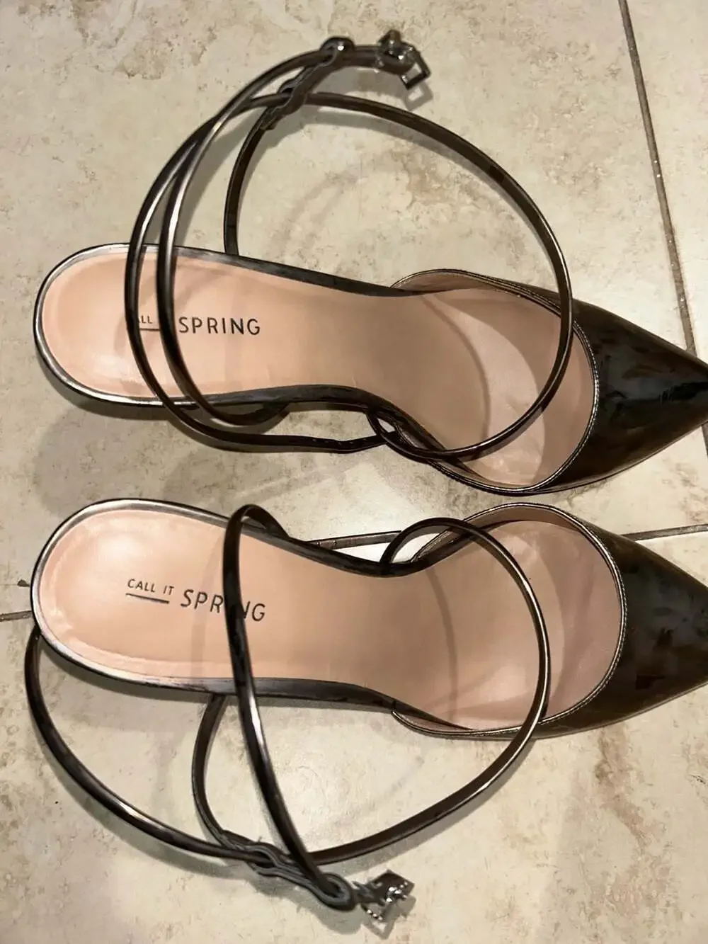 Call It Spring Gunmetal Metallic Pointed Toe Ankle Strap Stiletto Heels